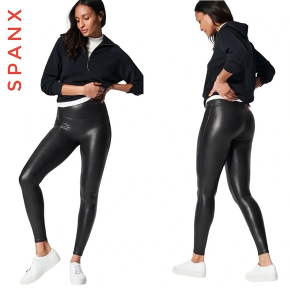 SPANX Black‎ Faux Leather Leggings Size XL 2437 Moto Boho - Picture 1 of 7